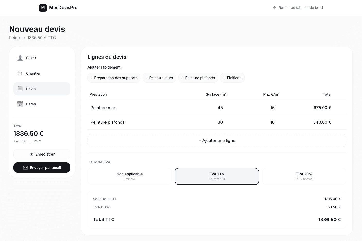 Interface de calcul automatique de devis peinture sur MesDevisPro